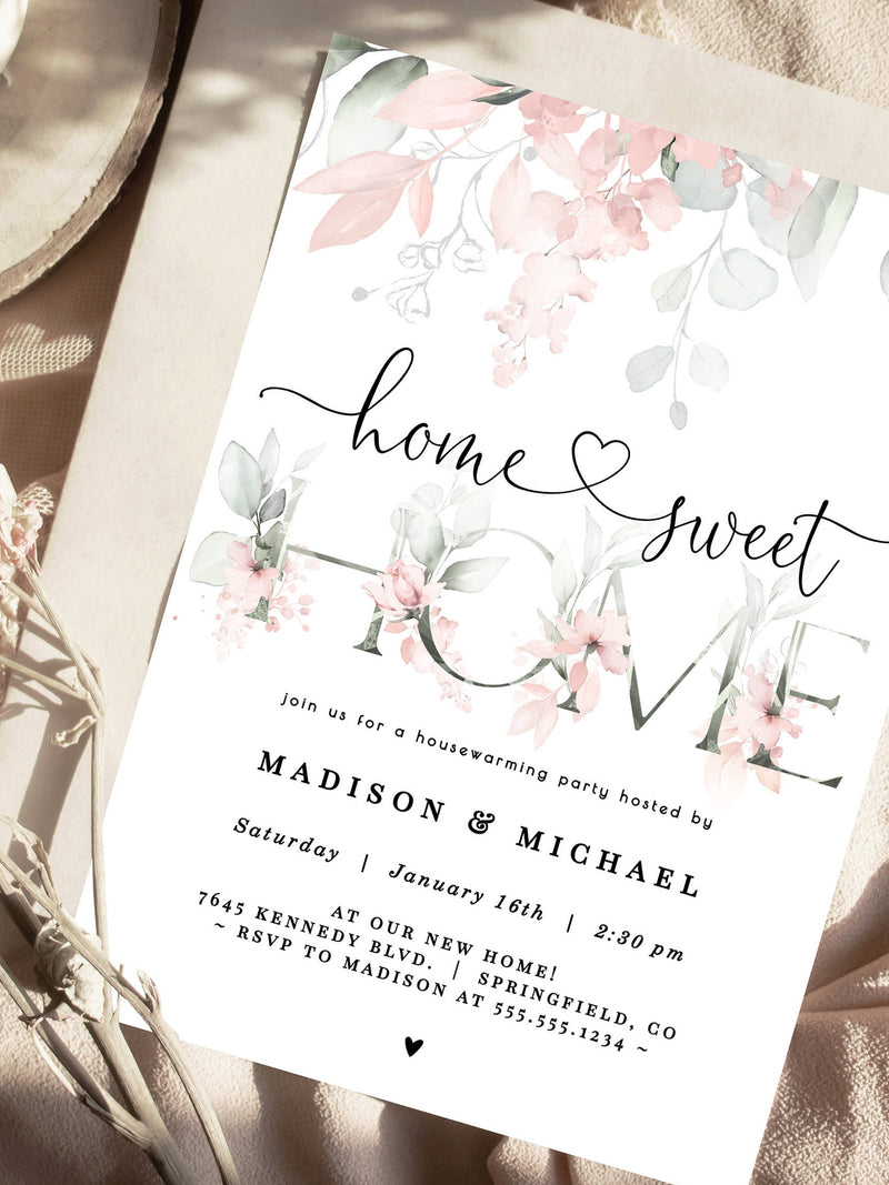 Pink Housewarming Party Invitation, Floral printable invite | INSTANT DOWNLOAD | editable digital file, Corjl house warming flower