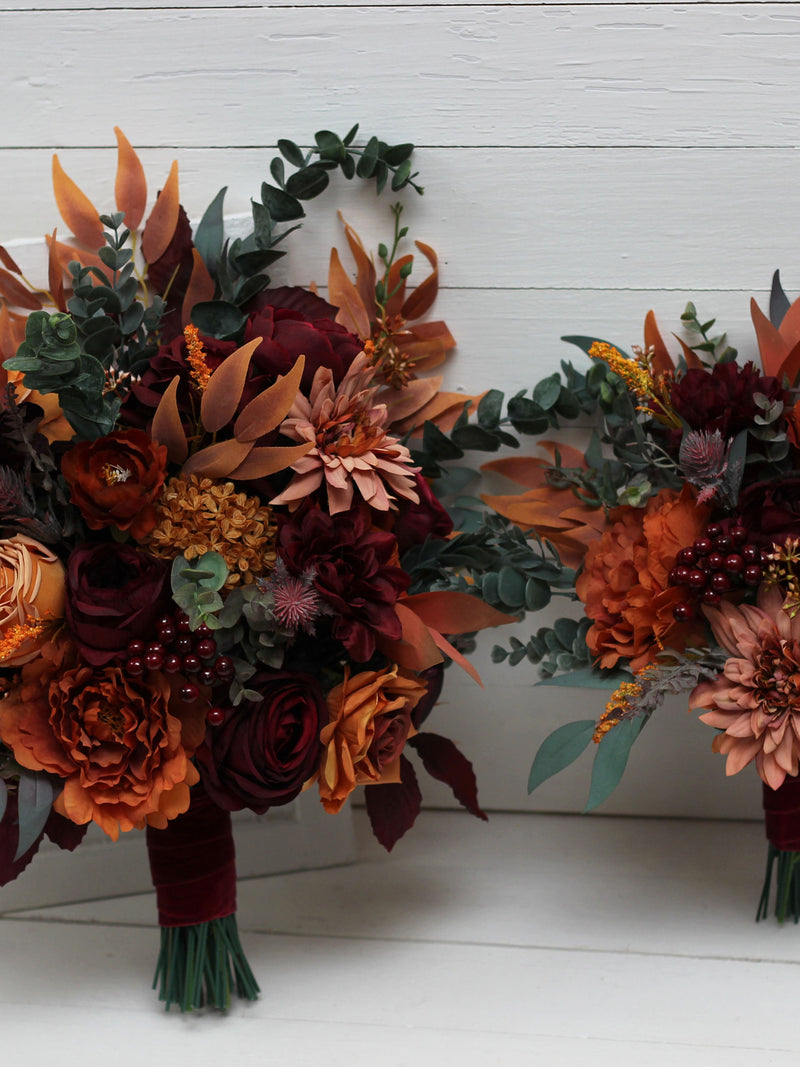 Rust burgundy cinnamon orange flowers Bridal bouquet Faux bouquet Fall wedding  Boho wedding Faux blooms -size 14 inch wedding flower