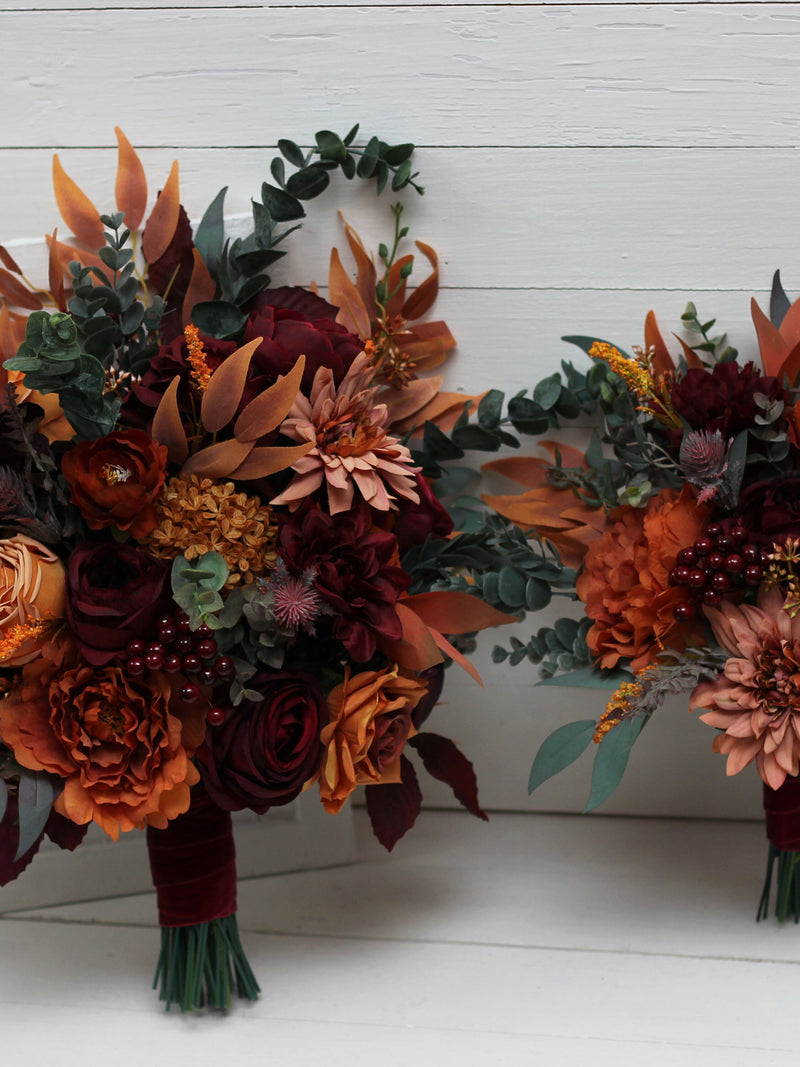 Rust burgundy cinnamon orange flowers Bridal bouquet Faux bouquet Fall wedding  Boho wedding Faux blooms -size 14 inch Bouquet