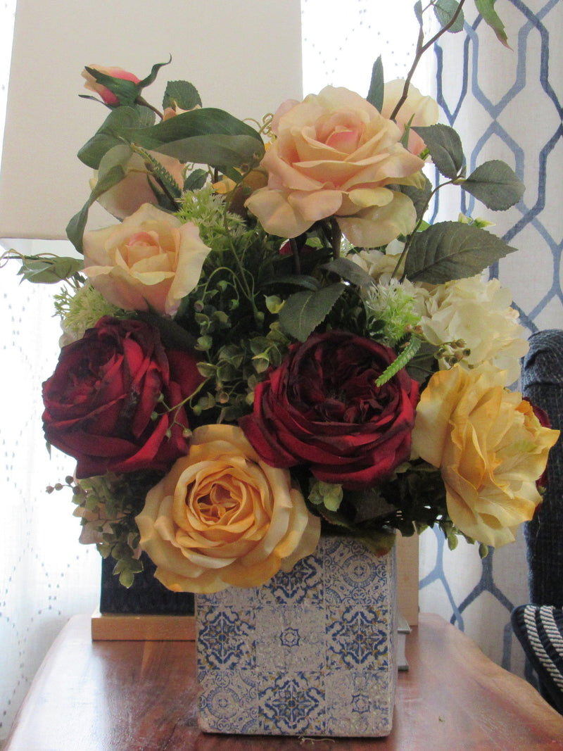 Oh My! Sheer Elegant Rose and Hydrangea Arrangement in Cube shape Delft Container silk flower
