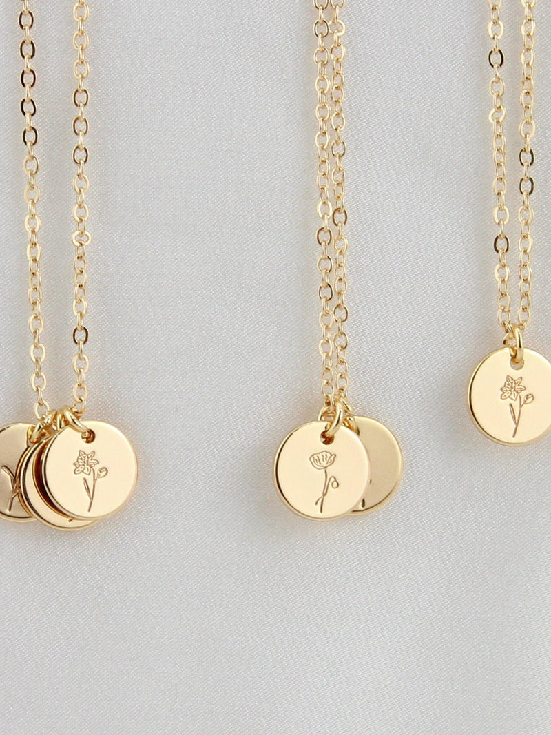 Personalized Birth Flower Disc Necklace, Month Initial Charm Necklace, Chain Necklace Jewellery, Christmas Bridesmaid Gift for Wedding/Mom wedding flower
