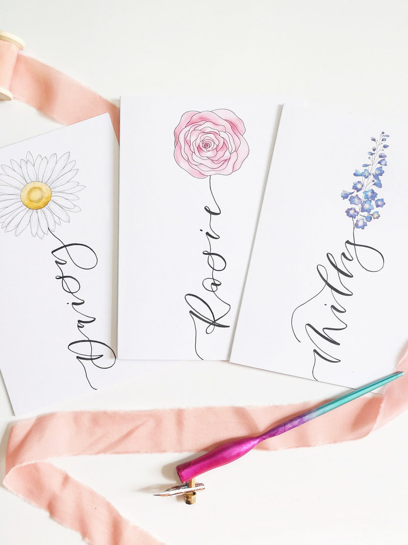 Birth flower card - personalised birthday card with name as flower added in hand lettered calligraphy - birth month flower card birthday flower