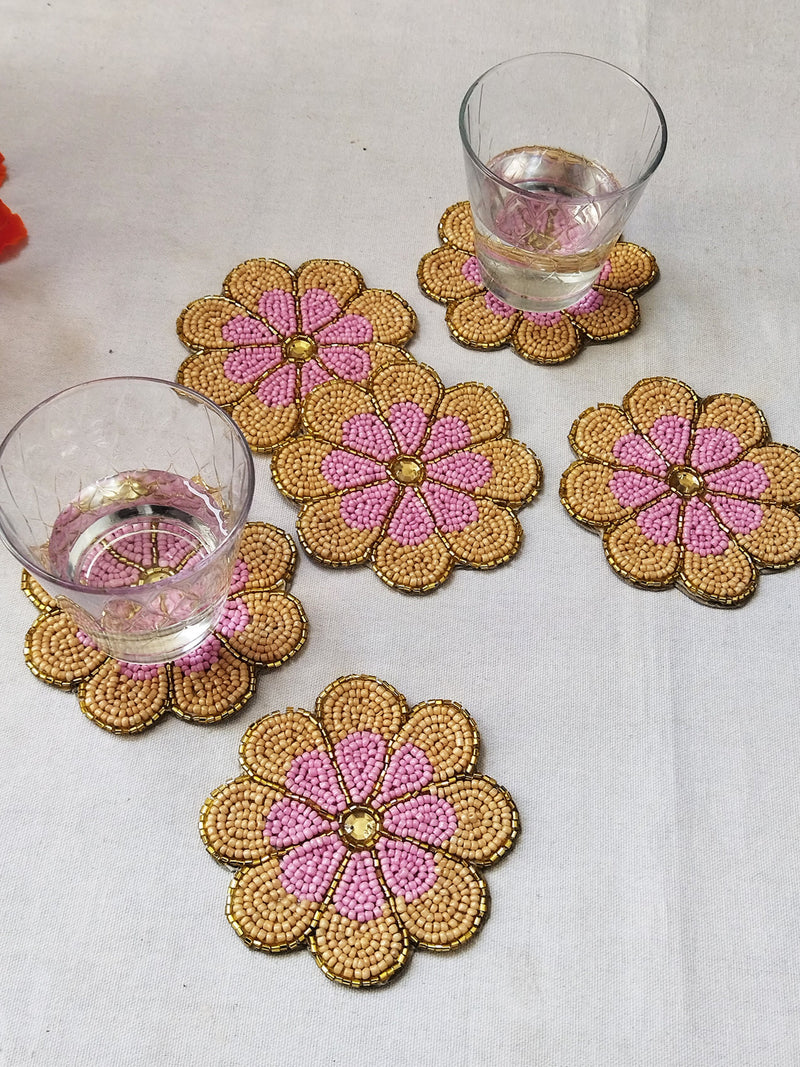 Handmade peach flower shape beaded coasters - Set of 6 house warming flower
