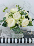 Silk Peony Arrangement: White Green Ombre, Faux Water Vase house warming flower