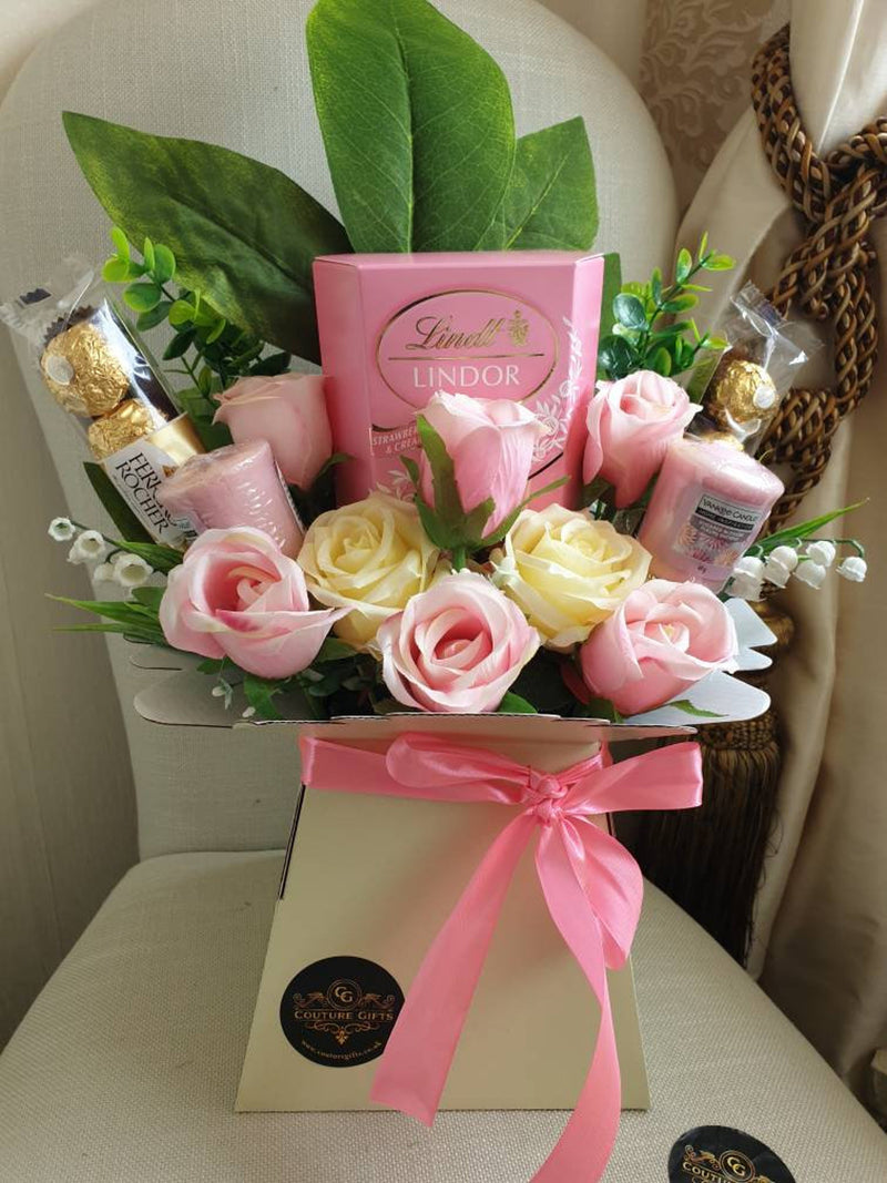 Chocolate Bouquet Pink Strawberries & Cream Lindt Ferrero Silk Flowers Yankee Candle Gift Hamper FLOWER DELIVERY