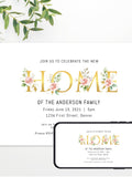 HOME Gold Letters with Flowers Editable and Customizable Housewarming Invitation Template -  Print or text/email house warming flower