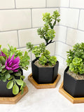 3 Small Artificial Plants in Matte Black Hexagon Pot with Bamboo Tray, Floating Shelf Decor Faux Plants, Fake Office Desk Plant High Quality faux plants