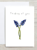 Sympathy card, thinking of you card, blue muscari flower card, grief and mourning card, spring flowers sympathy flower