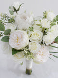 White Rose Bridal Bouquet, Silk Peonies, Eucalyptus Wedding Flower Bouquet