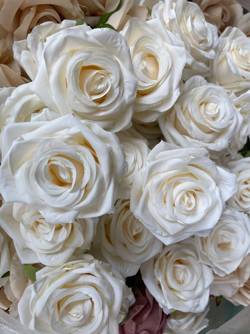 Ivory faux rose flower heads bundle with curled petals, for DIY wedding decor