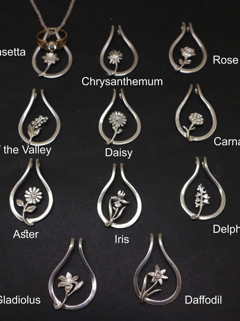 Silver Birth Flower Ring Holder Necklace - Personalized Your Birthflower with your Birth Month, Custom Floral Jewelry ANNIVERSARY