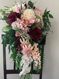 Burgundy Blush Silk Flower Cascade Bouquet with Bridal Hair Comb Bouquet