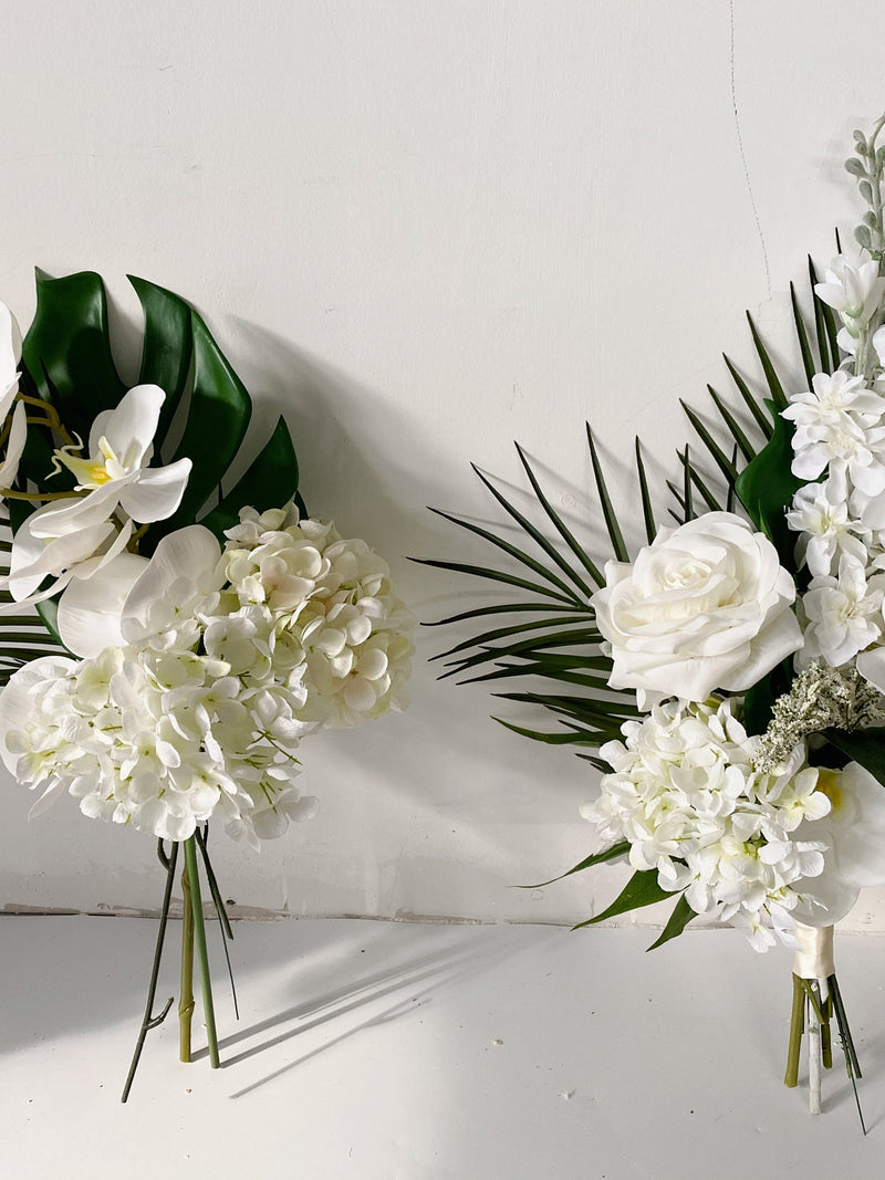 White Rose, Orchid, Monstera, Delphinium Bouquet, White & Green Bridal/Bridesmaid Bouquet,Tropical/Summer/Spring Wedding Silk Flower Bouquet Bouquet
