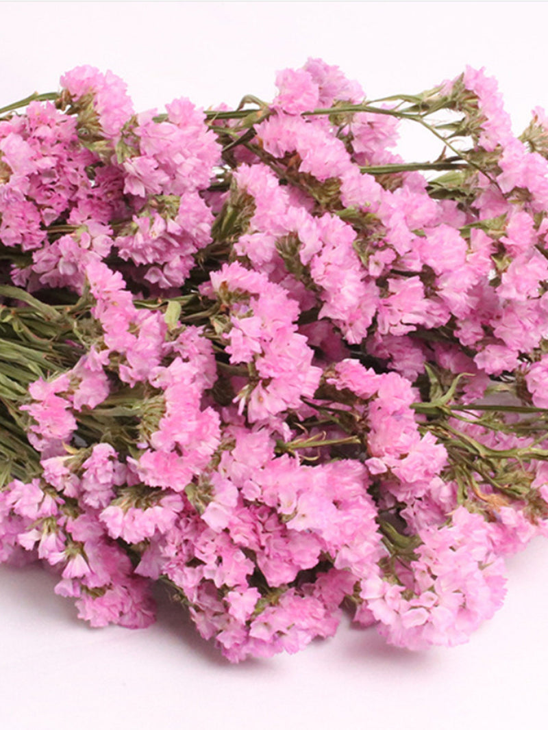 Dried statice flower bouquet with pink, lavender, and white blooms and stems