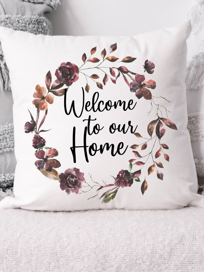 Farmhouse floral wreath pillow cover, Welcome to our home pillow cover, Pillow with wreath, House warming gift, Burgundy flower pillow house warming flower