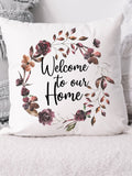 Farmhouse floral wreath pillow cover, Welcome to our home pillow cover, Pillow with wreath, House warming gift, Burgundy flower pillow house warming flower