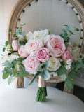 Blush Ivory Wedding Bouquet, Silk Roses, Peonies, Eucalyptus wedding flower