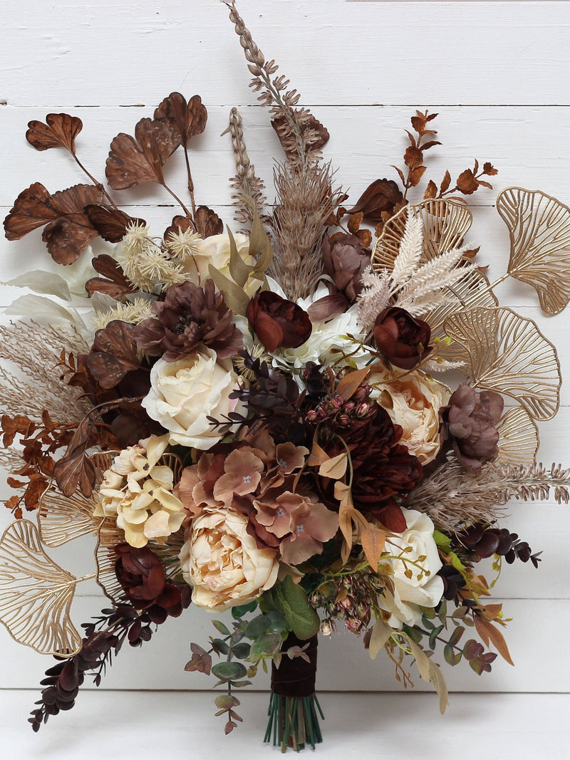 Boho bouquet  Terracotta brown gold cream flowers Bridal bouquet Faux bouquet Fall wedding Bridesmaid bouquet Faux flowers - width 14 inch Bouquet