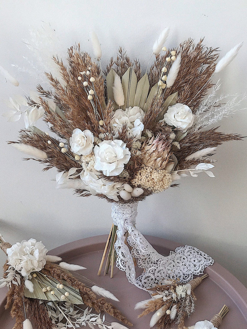 Wedding boho dried flowers bouquet, rustic bridal and bridesmaid bunches groom boutonni�res wedding set,natural preserved floral arrangement Bouquet