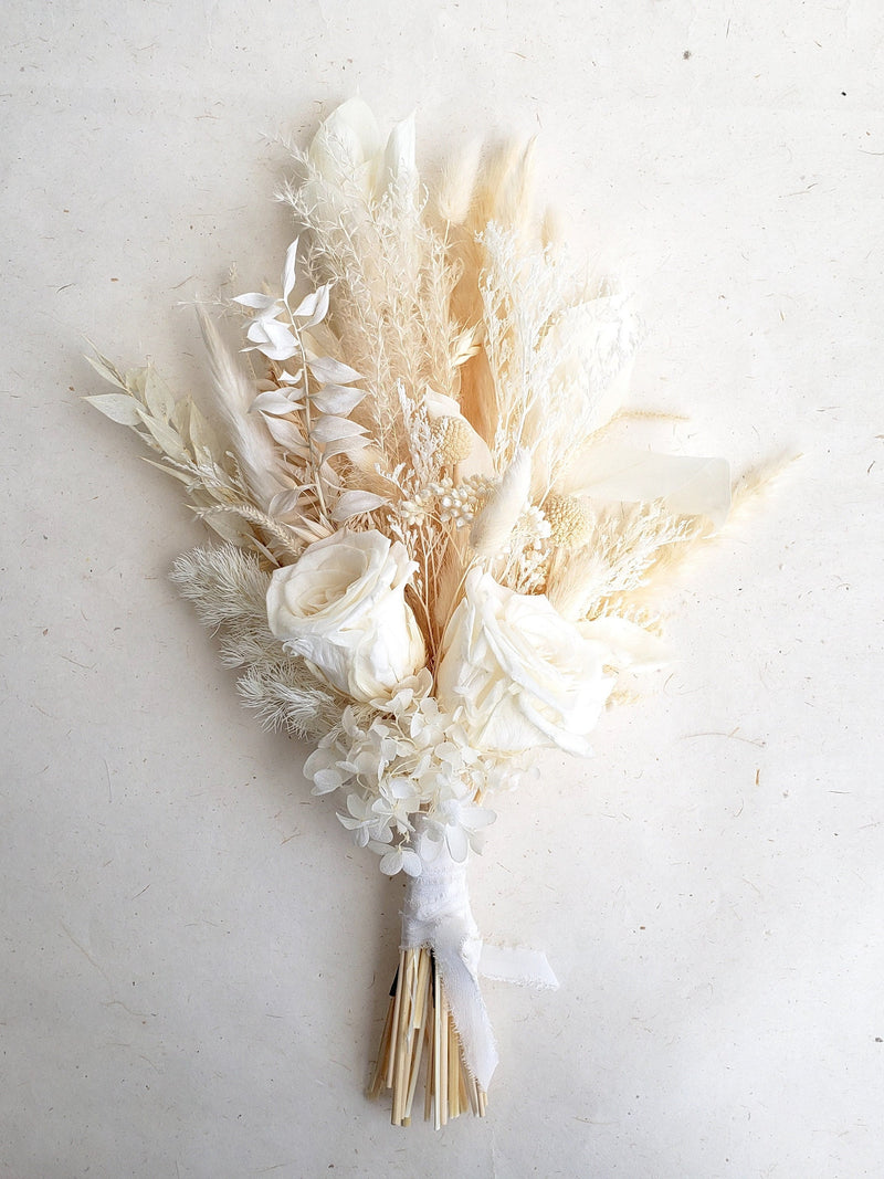 Ivory Dried Flower Bouquet: Pampas, Ruscus, Bunny Tails Wedding Arrangement Bouquet