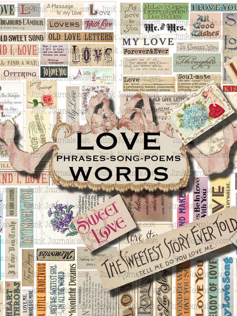 100 LOVE ROMANCE WORDS Printables & PNGs Words Phrases, Ephemera Bundle Collage sheet  Quotes, Valentines, Poems, Vintage Cards Love Romance Flower