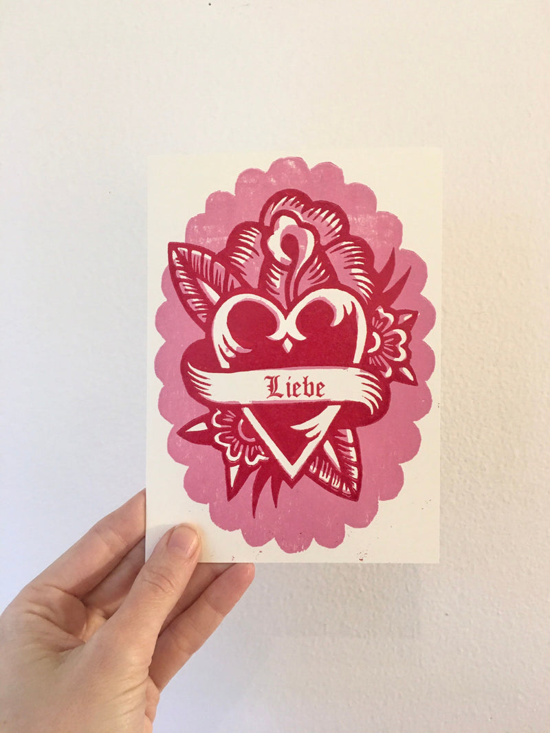 Heart Linocut Greeting Card - Love Anniversary Card - Valentine - Everyday Romance 5x7 Letterpress Card Love Romance Flower