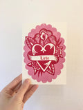 Heart Linocut Greeting Card - Love Anniversary Card - Valentine - Everyday Romance 5x7 Letterpress Card Love Romance Flower