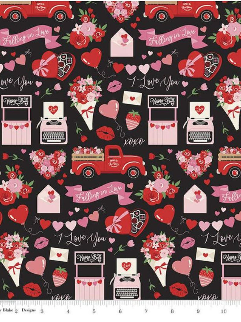 Falling in Love Black by Riley Blake Designs: Love Romance Hearts Flowers Trucks Love Romance Flower