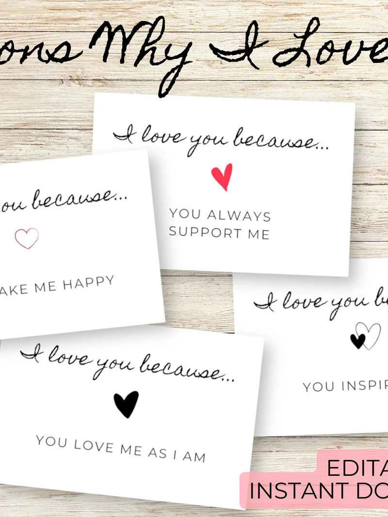 Reasons Why I Love You Cards | Printable Love Notes | Personalised Valentine's Day, Anniversary Gift for Him, Her, Boyfriend, Girlfriend Love Romance Flower