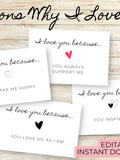 Reasons Why I Love You Cards | Printable Love Notes | Personalised Valentine's Day, Anniversary Gift for Him, Her, Boyfriend, Girlfriend Love Romance Flower