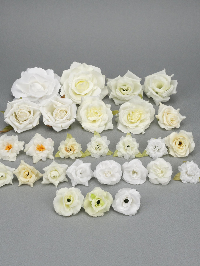27Pcs Beige and White Artificial Flower Head Combo Set/Silk Simulation Flower/DIY Flower Kit for Wedding Bouquets Fake Floral Decoration silk flower