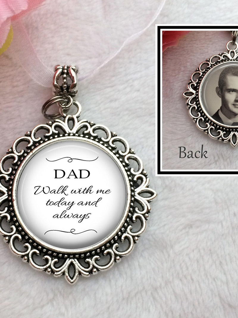 Photo Bouquet Memorial Charm, Double Sided Bridal Wedding Pendant, Custom Text sympathy flower
