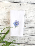French linen tea towel with Blue Poppy, white stone washed dish towel, kitchen decor or house warming gift for gardener house warming flower