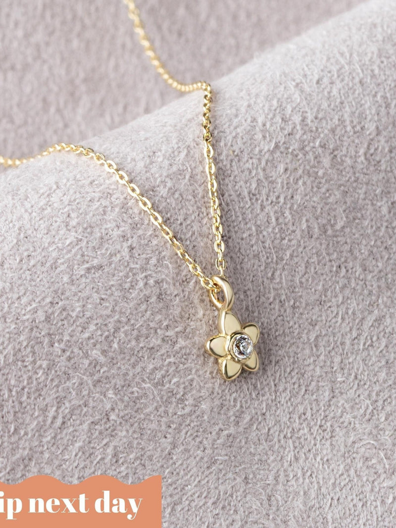 14K Solid Gold Minimalist Flower Necklace, Dainty Gold Floral Pendant, Tiny Flower Charm, Mothers Day Gift, Mama Necklace, Gift For Her ANNIVERSARY