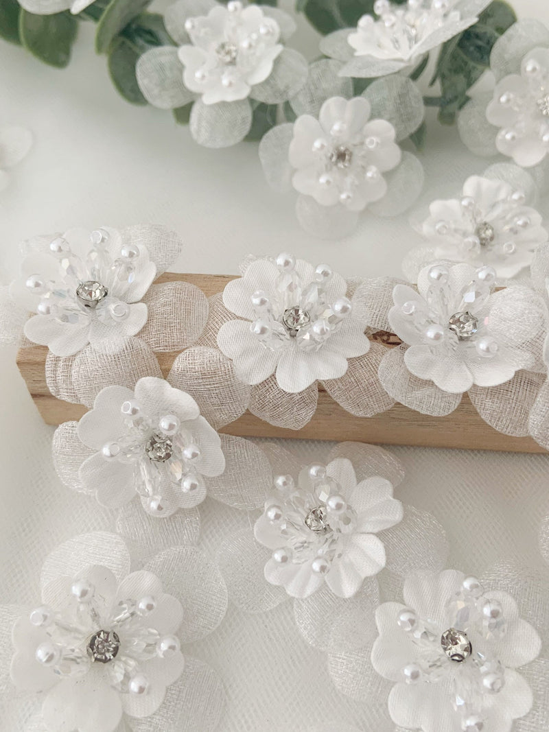 5 pcs off white handcrafted flowers applique, handmade silk flowers petals with rhinestone and beads silk flower