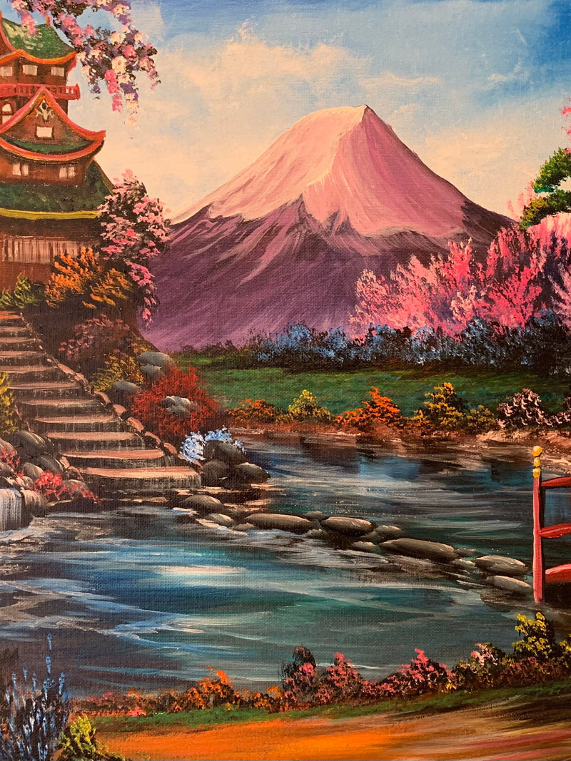 Mount Fuji Acrylic Painting, Japanese Landscape Art (16x20) Love Romance Flower