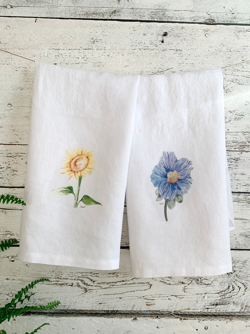 Blue Poppy and Sunflower French Linen tea towel set,  kitchen decor, house warming gift set, hostess gift, watercolor art on tea towel house warming flower