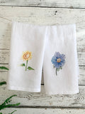 Blue Poppy and Sunflower French Linen tea towel set,  kitchen decor, house warming gift set, hostess gift, watercolor art on tea towel house warming flower