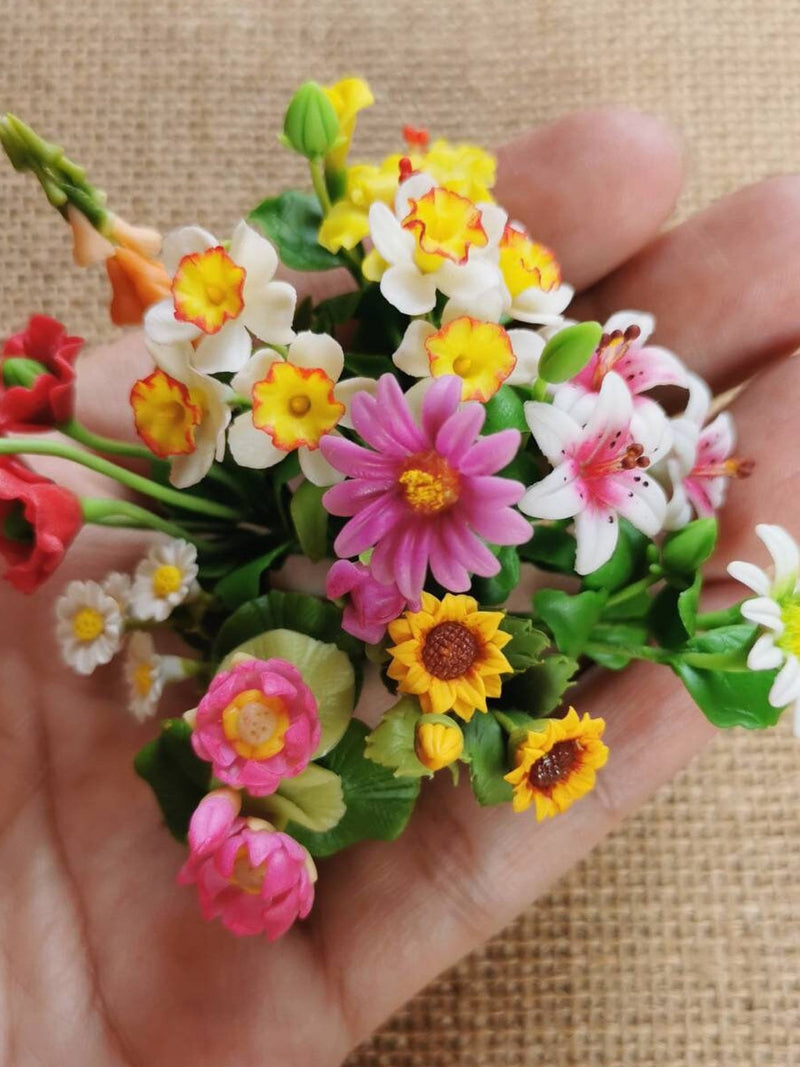 Handmade Miniature Clay Flower Bouquet: Dollhouse Colorful Arrangement (11 Bunches) FLOWER DELIVERY