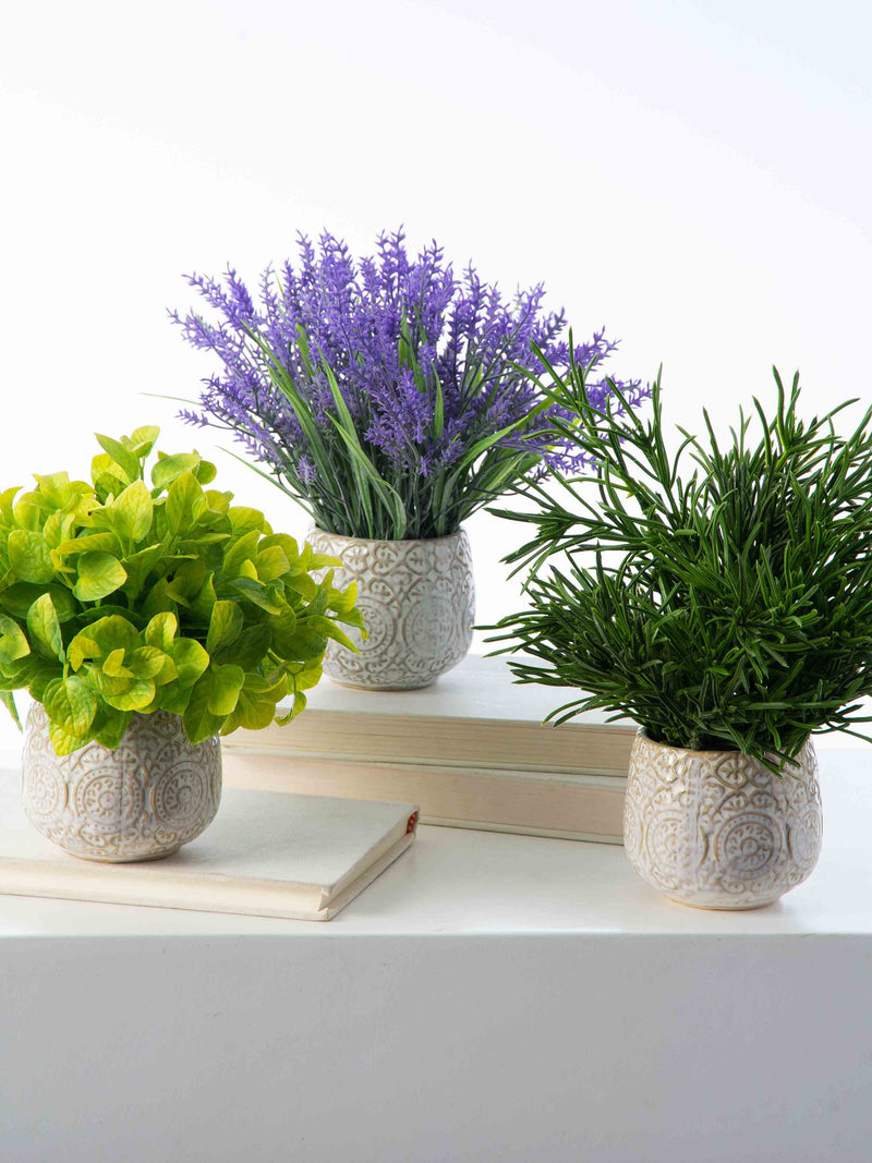 Herbs de Provence - French Lavender, Mint, & Rosemary Faux Plant Arrangement in Concrete Pot faux plants