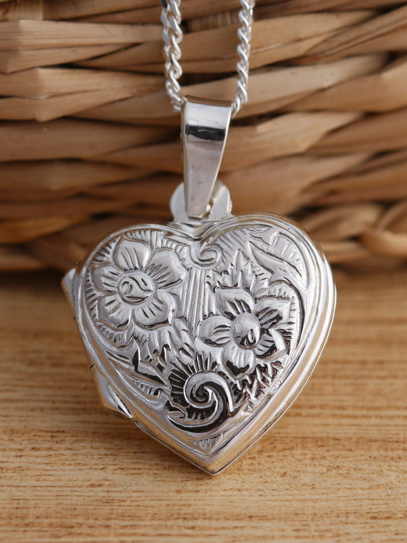 925 Sterling Silver Flower Heart Photo Locket Pendant Necklace Curb Chain Gift Box FLOWER DELIVERY