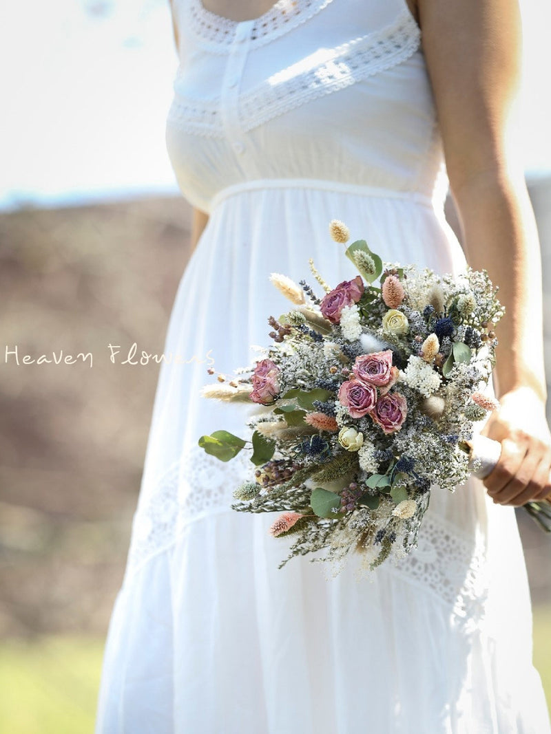 Dried Eucalyptus & Rose Bridal Bouquet, Boho Wedding Flowers Bouquet