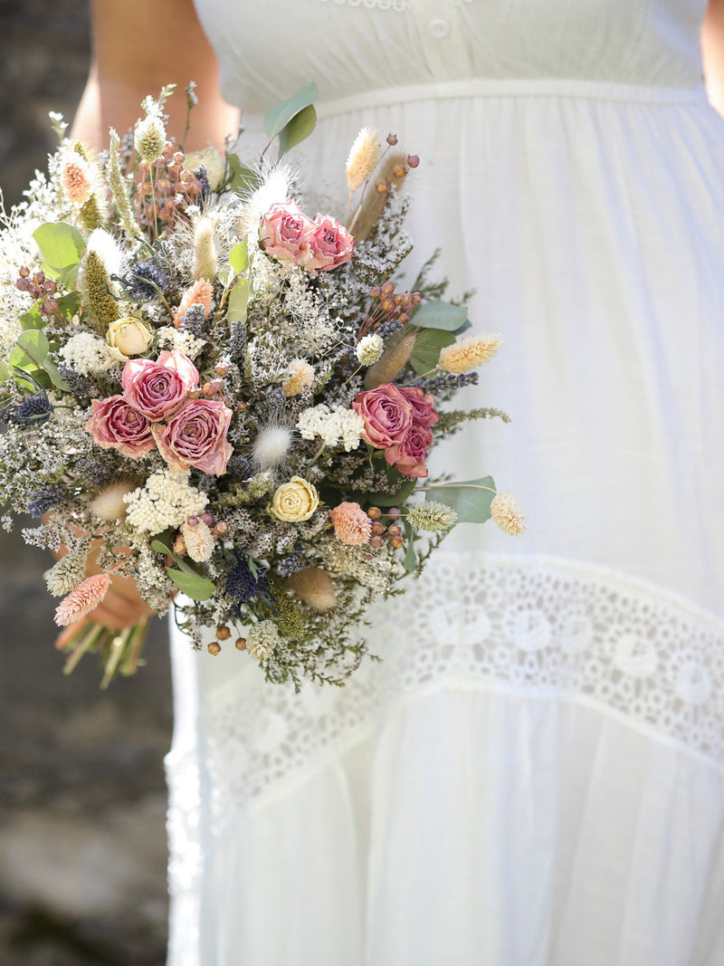Soft Pink Dried Flower Bridal Bouquet - Boho Wedding Roses Bouquet