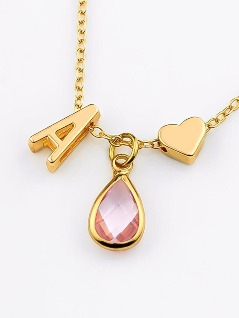 Birthstone Necklace, Tiny Letter Necklace, Initial & Teardrop Birthstone, Flower Girl Gift, Mothers Day Gift, Letter + Heart Charm Necklace FLOWER DELIVERY