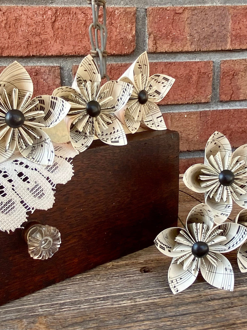 Vintage Sheet Music or Book page Origami Flowers with black centers ANNIVERSARY