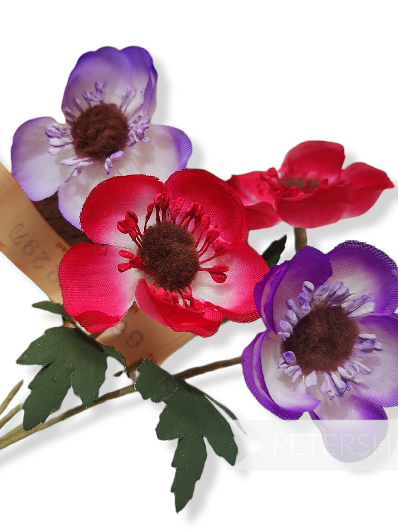 Vintage German 1950/60's 'Adonis' Anemone Silk Flower Stem For Millinery & Hat Making - Pink and Purple Mix silk flower