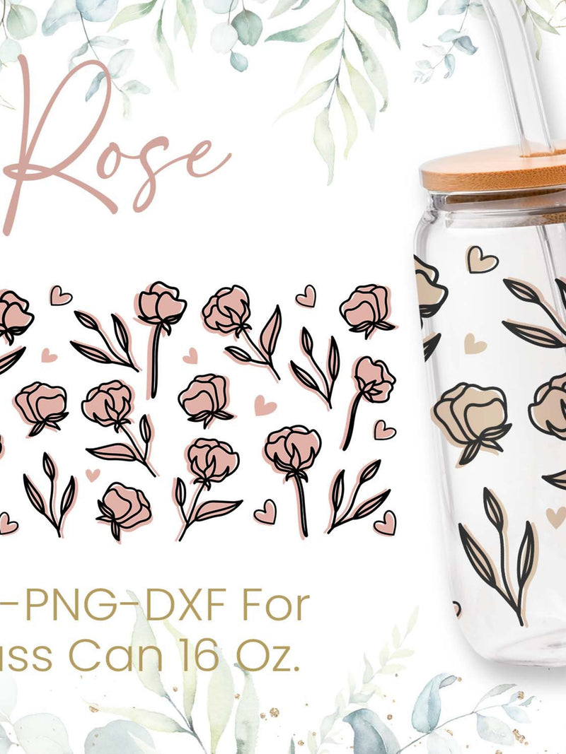 16oz Rose Libbey Glass Can Svg, Glass Can Full Wrap Svg, Coffee Can Glass, Svg, Flower Svg, Love Seamless Full Wrap,Png,Cricut Files Love Romance Flower