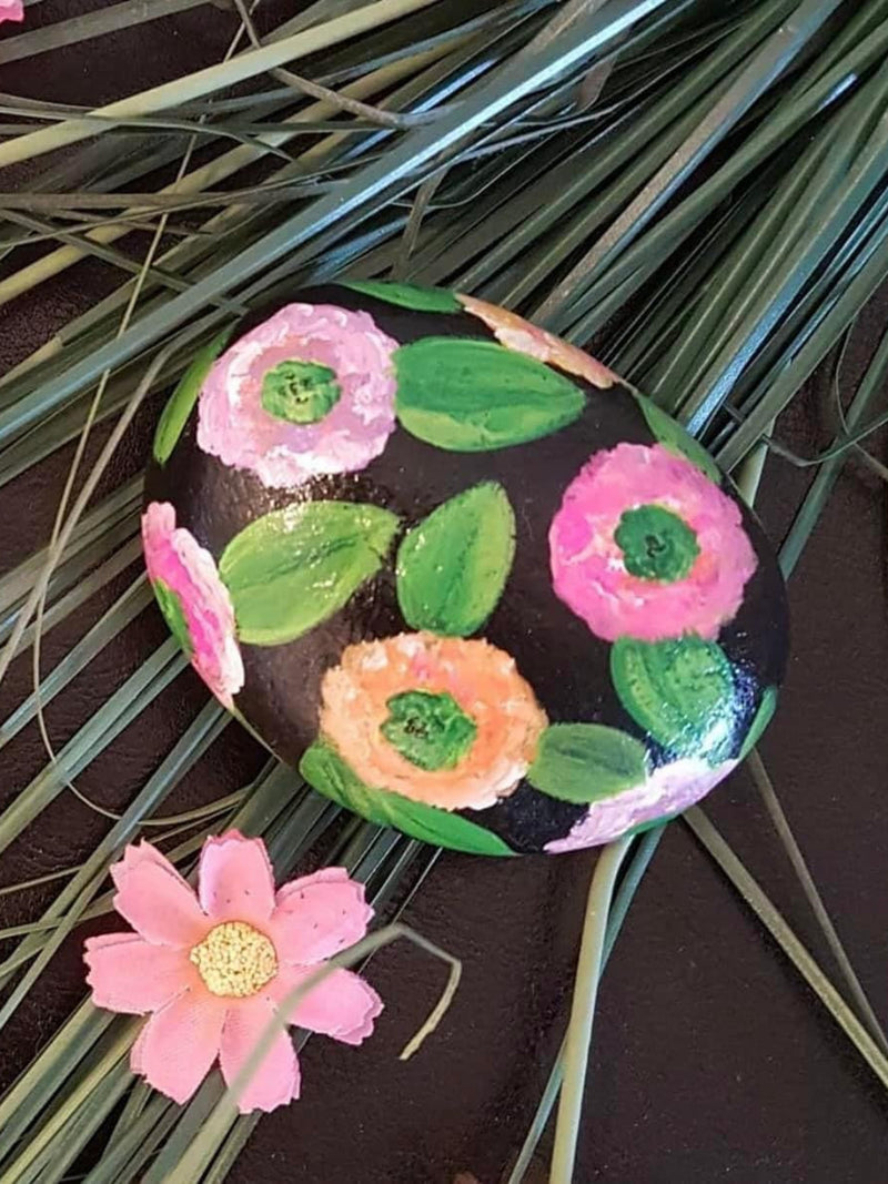Painted spring Rock, Spring Flowers , garden decor, house warming gift house warming flower
