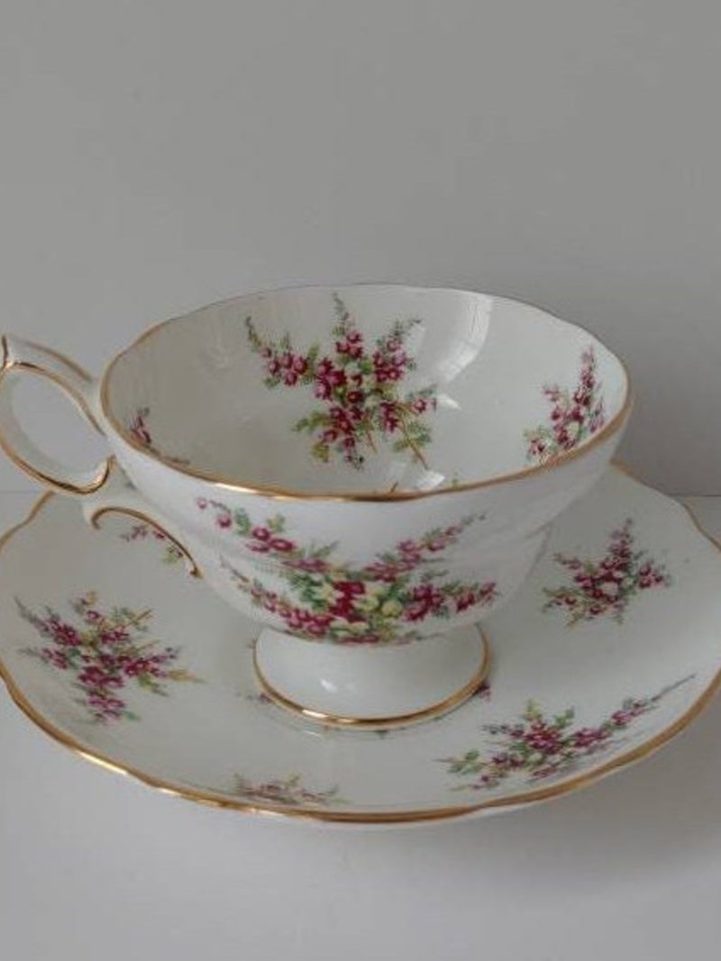 Hammersley & Co Heather Sprayed Pedestal Teacup and Saucer flower spore