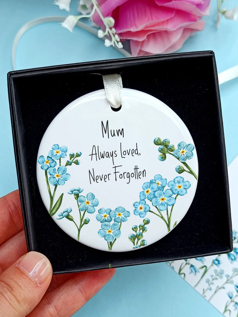 Forget Me Not Memorial Decoration | Personalised Remembrance Hanging Ornament | Floral Ceramic Plaque | Always Loved Never Forgotten sympathy flower